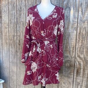 New UGUEST Burgundy & Cream Floral Long Sleeve V-Neck Wrap Sundress Size Small